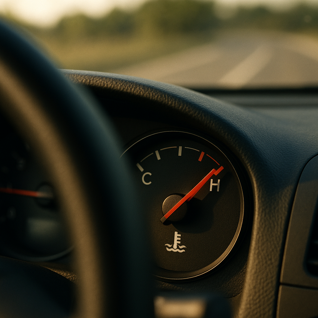 Car dashboard temperature gauge rising dangerously to indicate engine overheating
