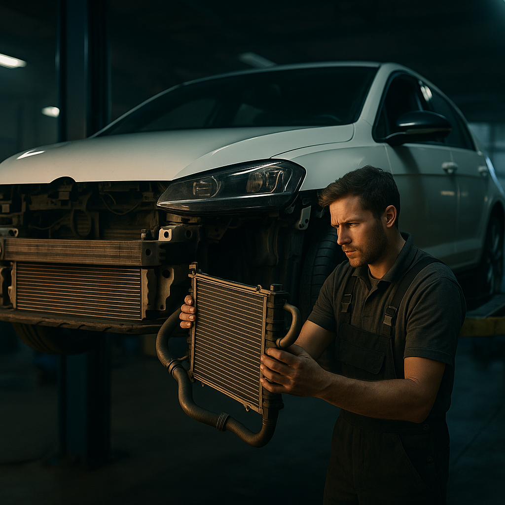 Mechanic checking radiator and hoses on a sporty car to prevent engine overheating