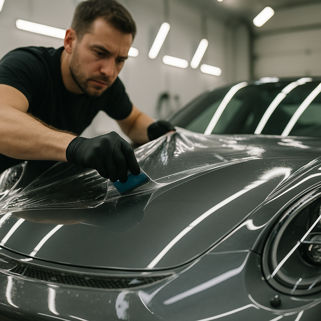 Detailer installing clear film on a sports car bonnet with self healing car wraps technology