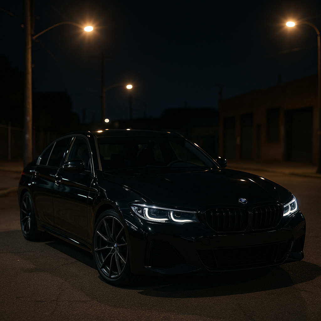 Performance saloon under streetlights protected by self healing car wraps