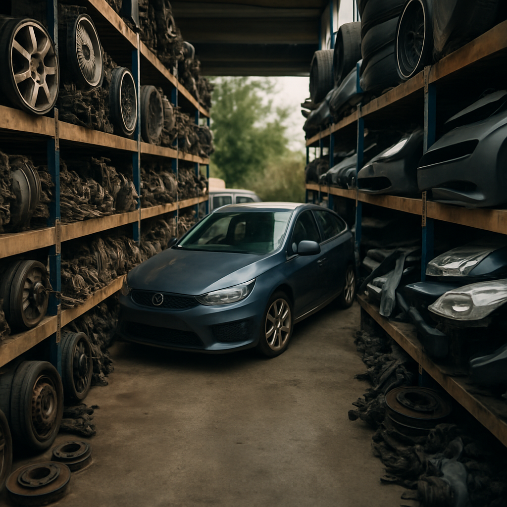 Organised warehouse shelves filled with labelled used car parts