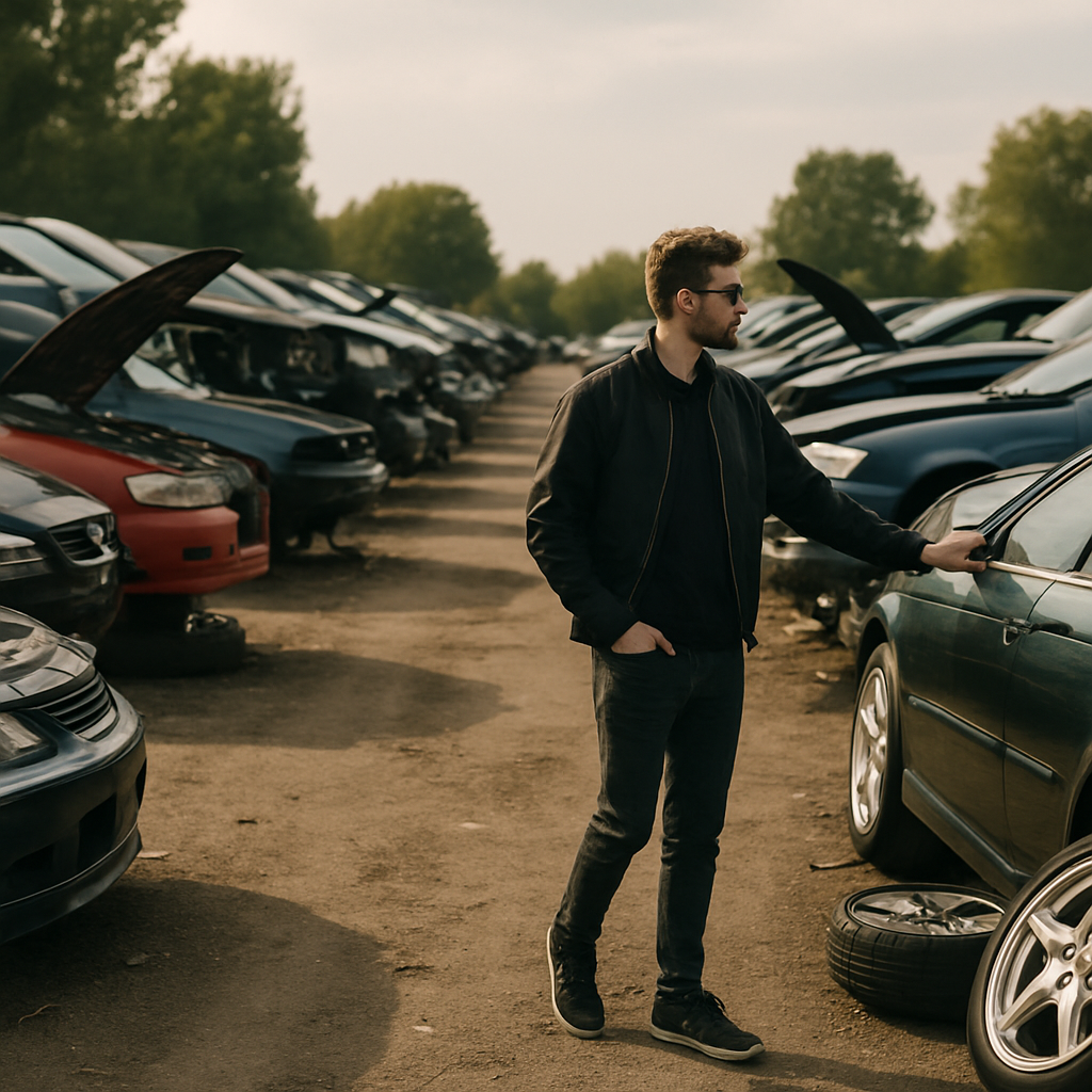 Car enthusiast choosing used car parts from vehicles in a breaker yard