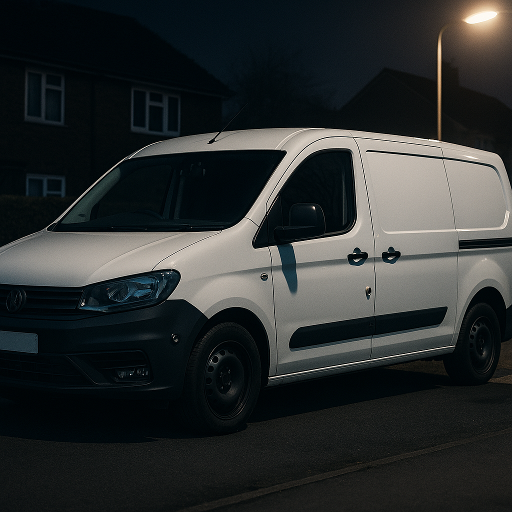 Night street scene showing a work van with upgraded locks for van tool theft prevention