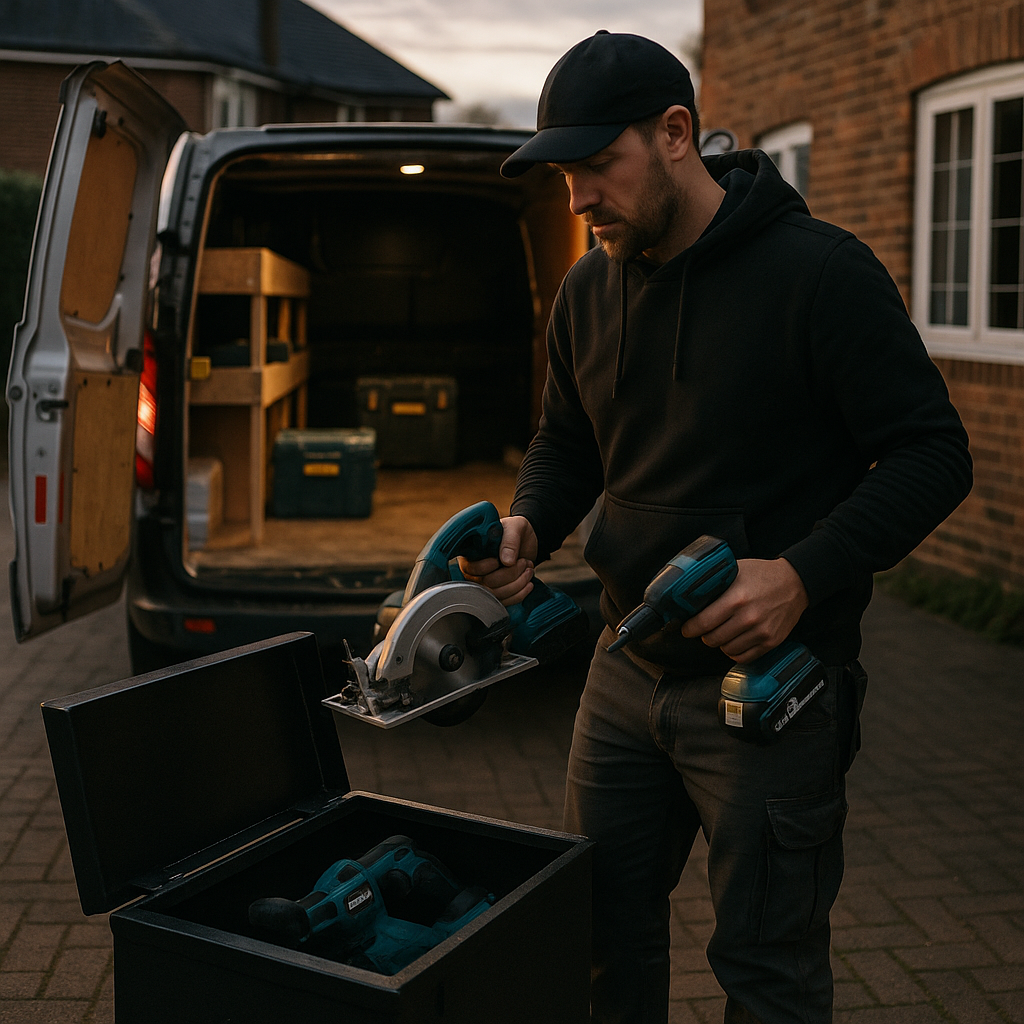 Tradesperson moving equipment from a van into a secure box as part of van tool theft prevention