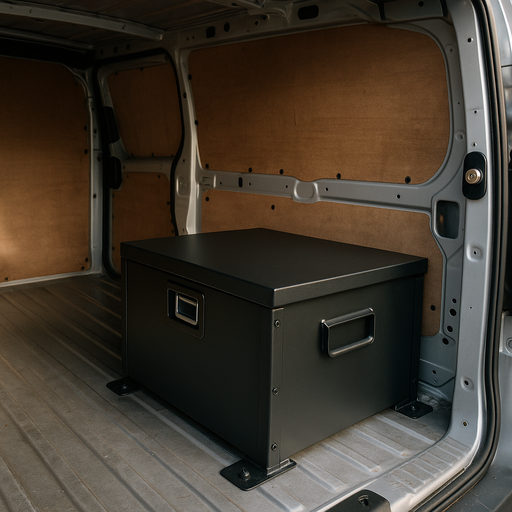 Interior view of a van with a bolted tool safe and extra locks for van tool theft prevention