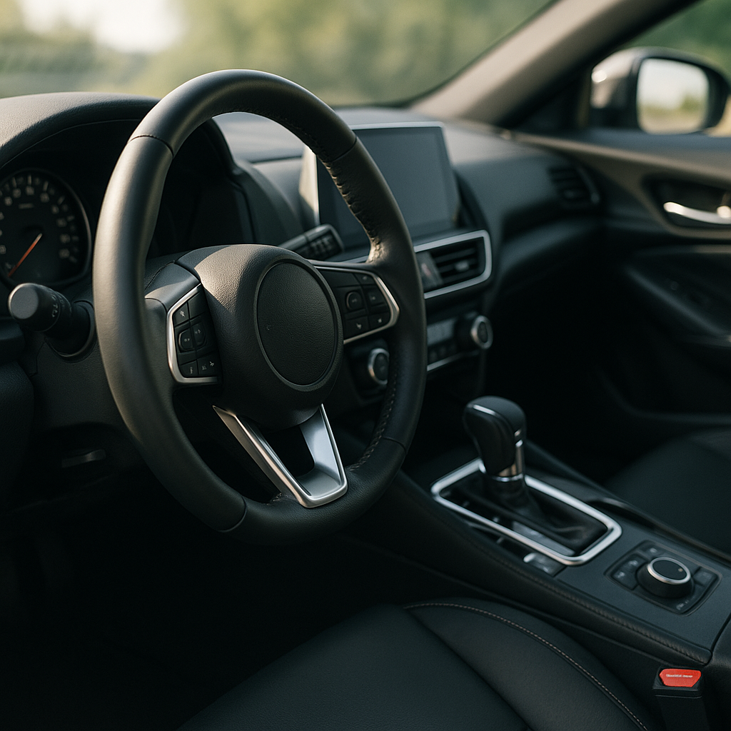 Close-up of paddle shifters and gear selector in a car with modern automatics