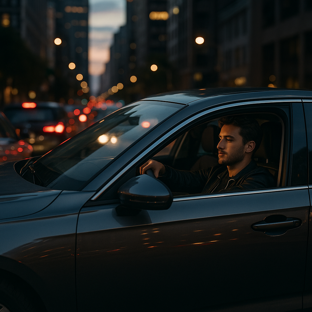 Relaxed driver in city traffic benefiting from modern automatics