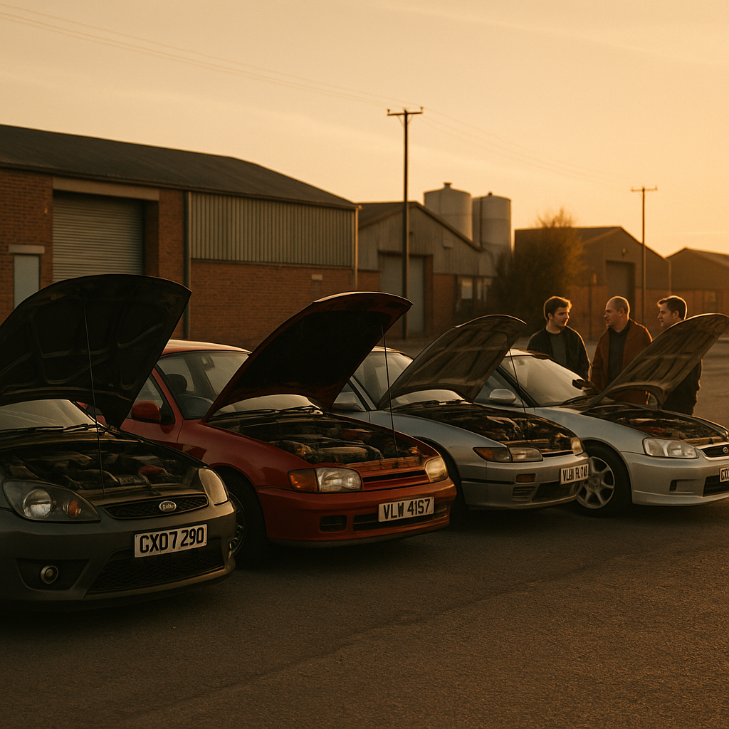 Enthusiasts working on a row of classic hot hatches and JDM cars, focused on keeping old performance cars alive