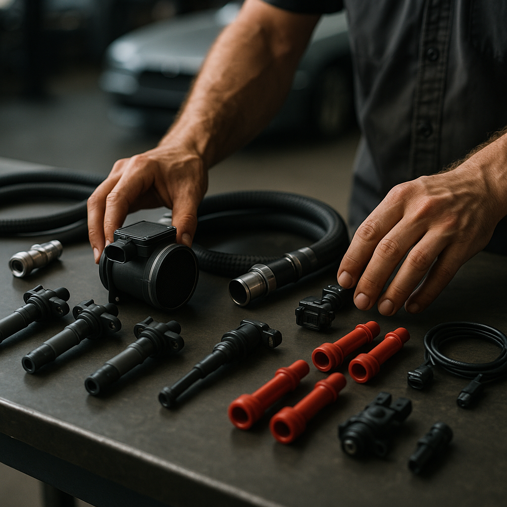 Selection of spare parts and tools on a workbench used for keeping old performance cars alive