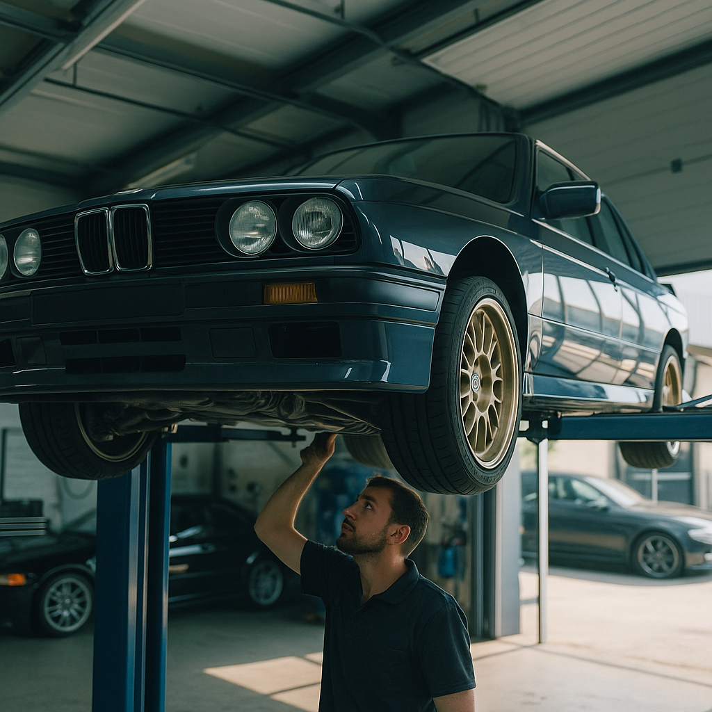 Mechanic inspecting the underside of a classic saloon as part of keeping old performance cars alive