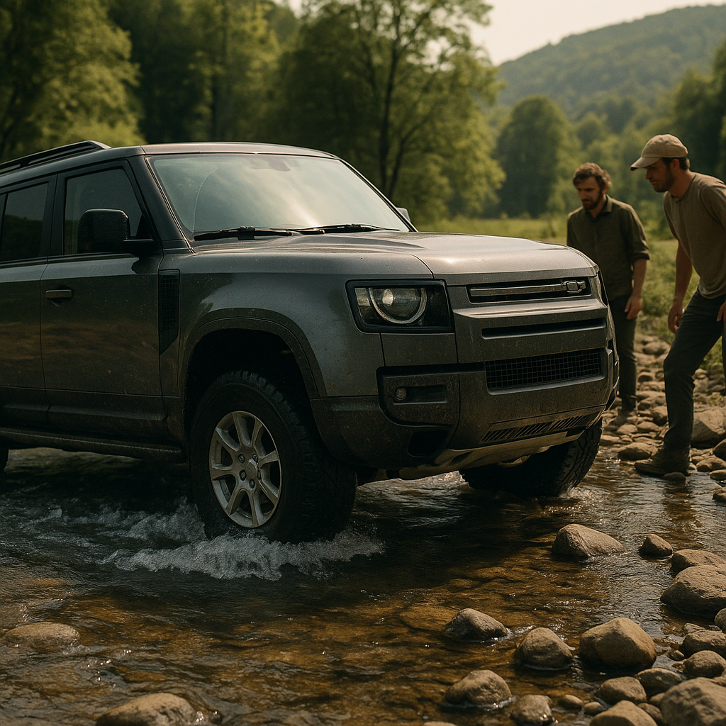Off road 4x4 using protection focused modern 4x4 upgrades while crossing rocky water