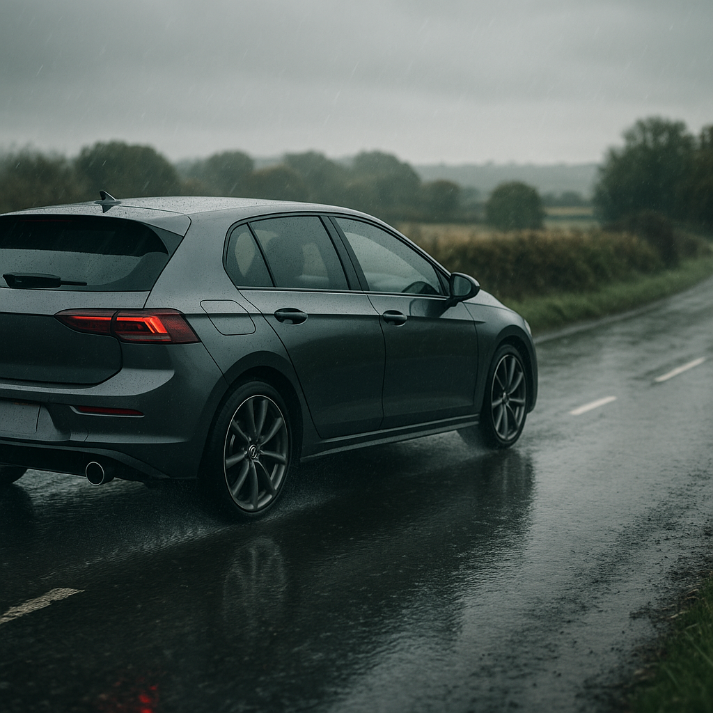 Sporty hatchback driving through drizzle showcasing the best tyres for wet UK roads