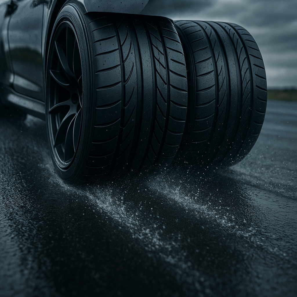 Close-up of performance rubber gripping wet tarmac showing the best tyres for wet UK roads