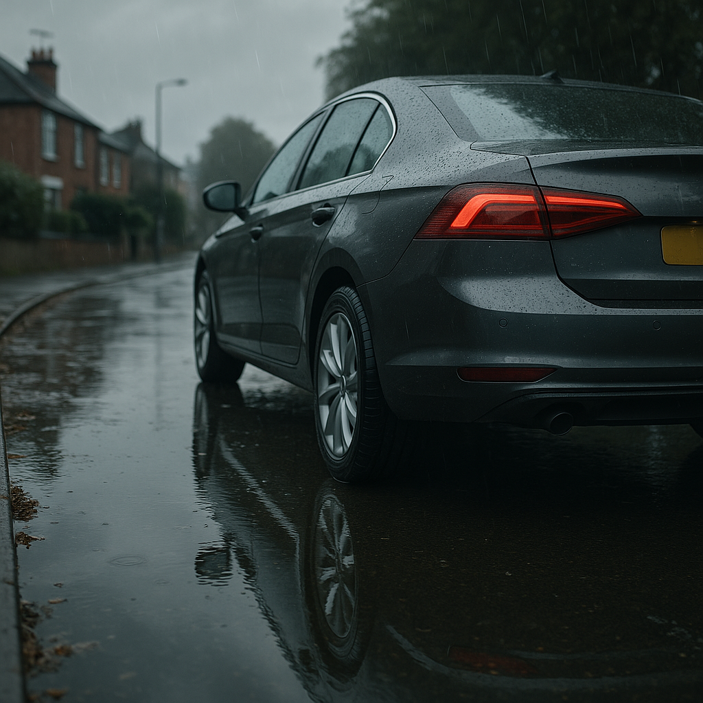 Modern saloon car on a rainy street highlighting tread patterns of the best tyres for wet UK roads