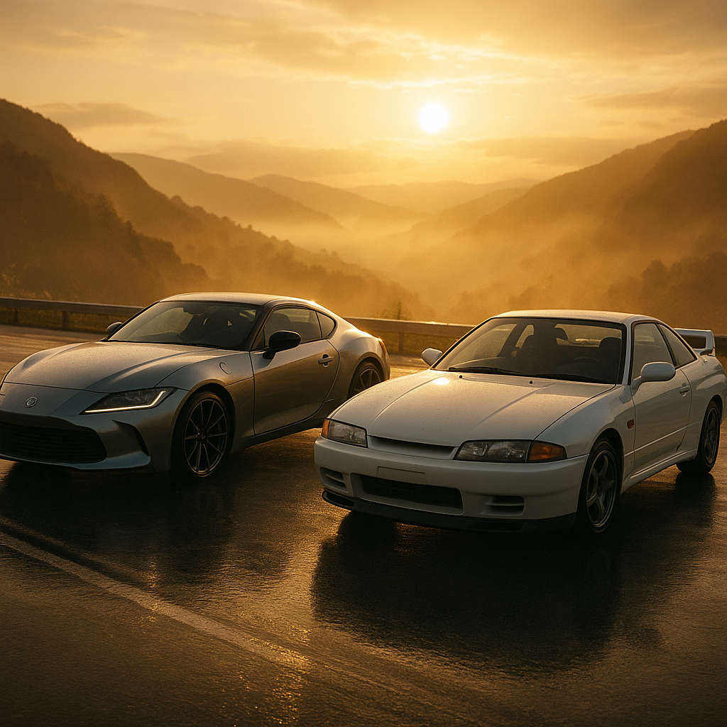 Classic and modern JDM cars 2026 side by side on a mountain road at golden hour