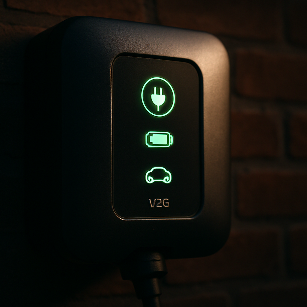 Close-up of a smart V2G charger unit on a UK home wall, part of vehicle to grid technology UK infrastructure