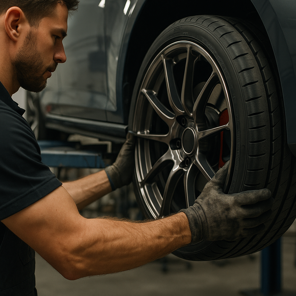 Mechanic fitting alloy wheels as part of a car modification culture build