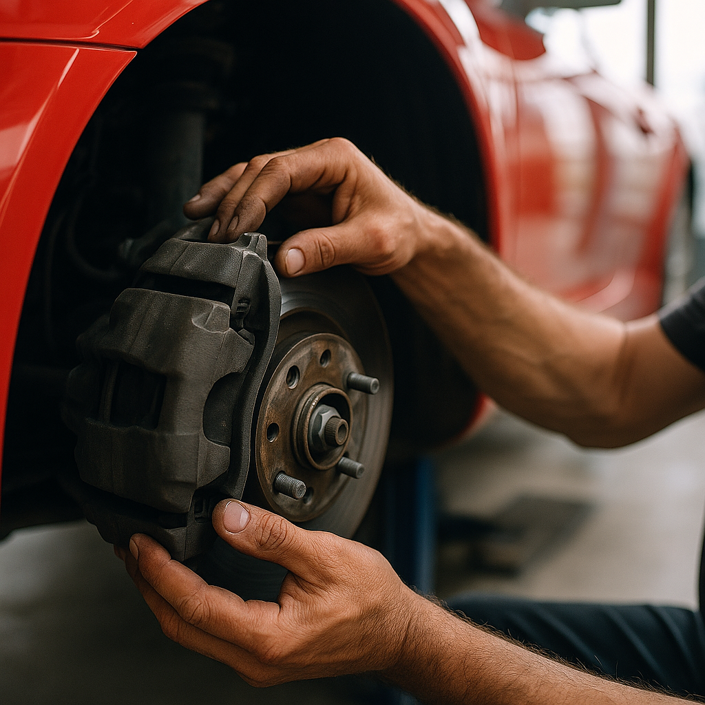 Mechanic inspecting brake components during a used performance car UK inspection process