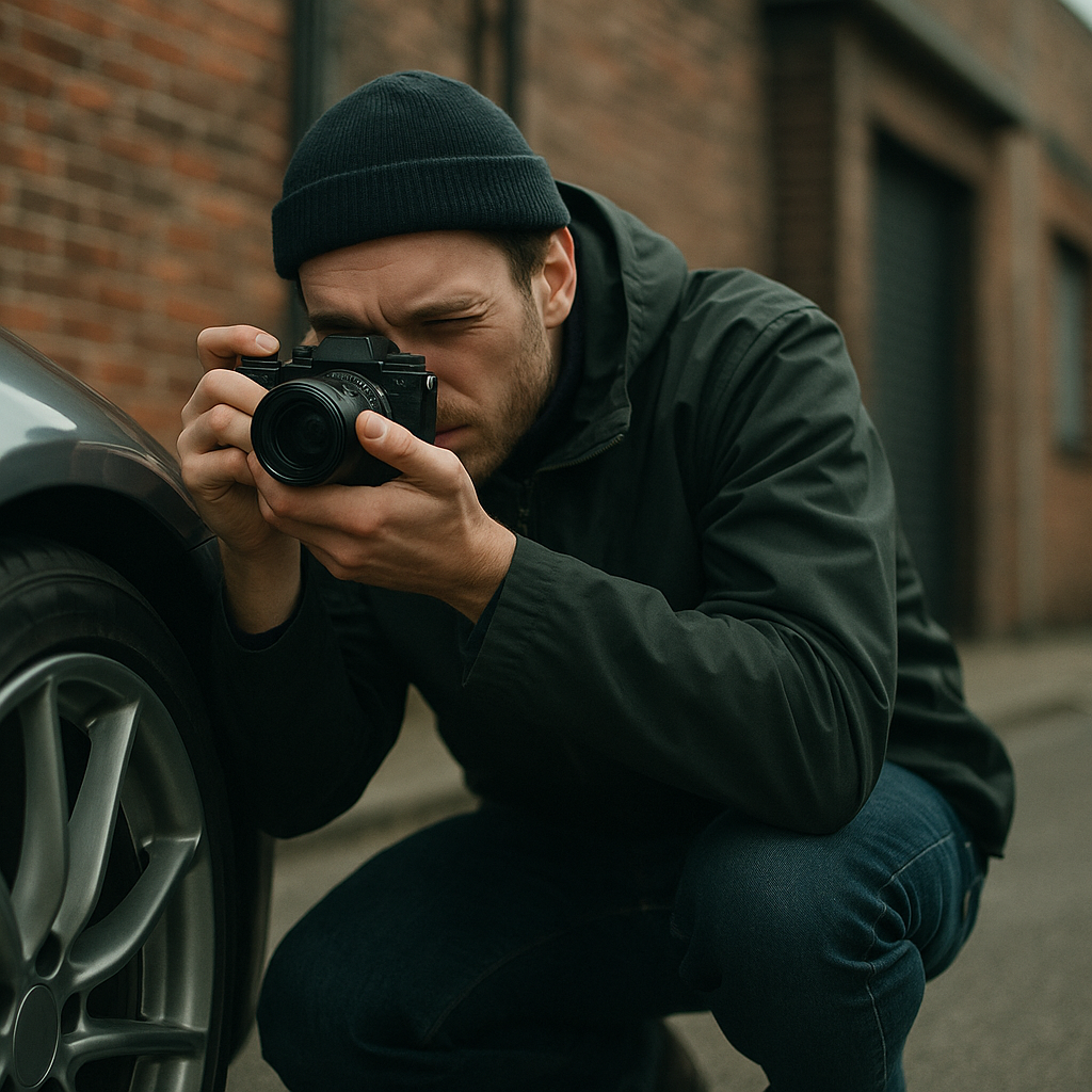 Photographer capturing car photography tips for beginners with close-up wheel arch shot in a UK industrial setting