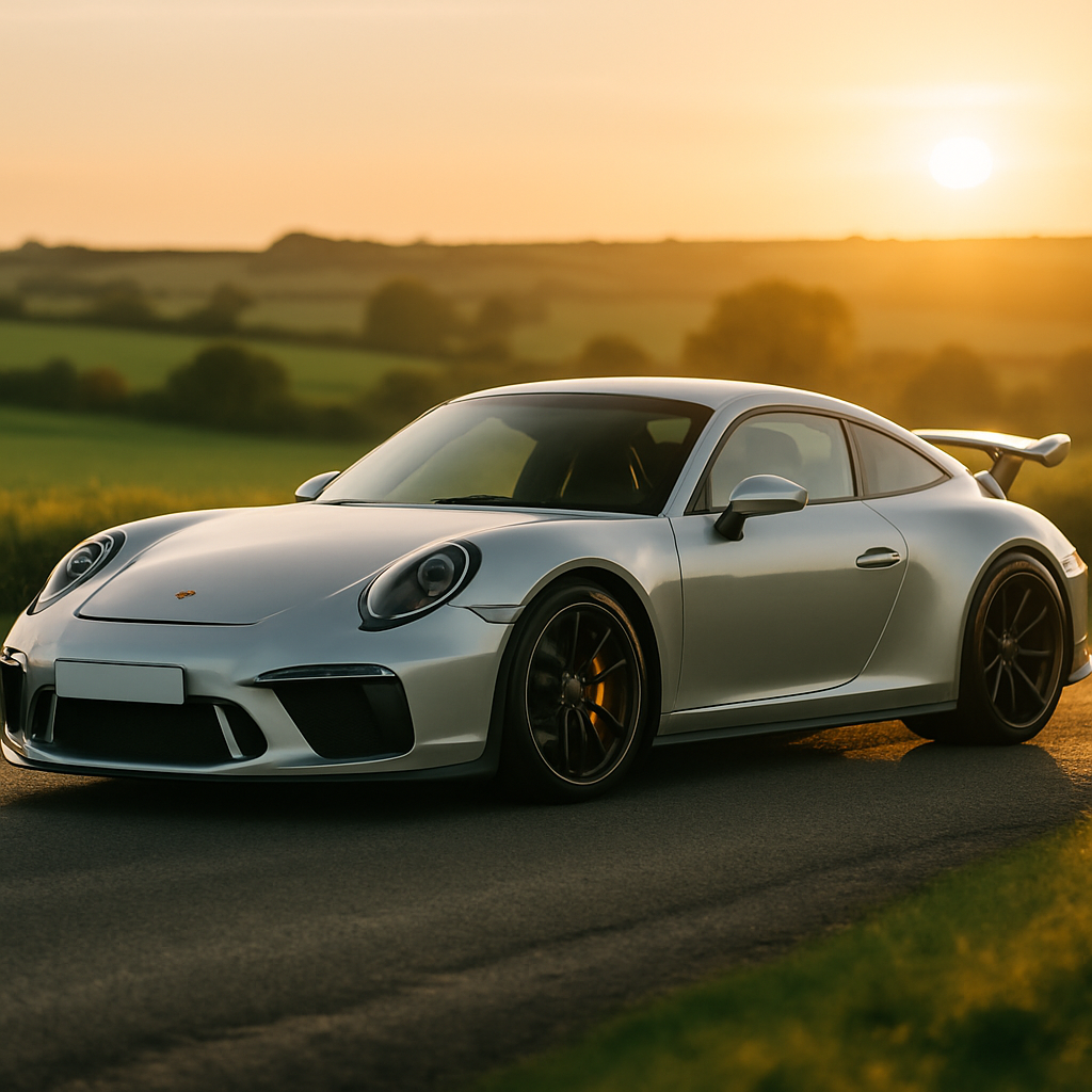 Silver Porsche 911 GT3 on a rural UK road, ideal for buying a used performance car in the UK in 2026