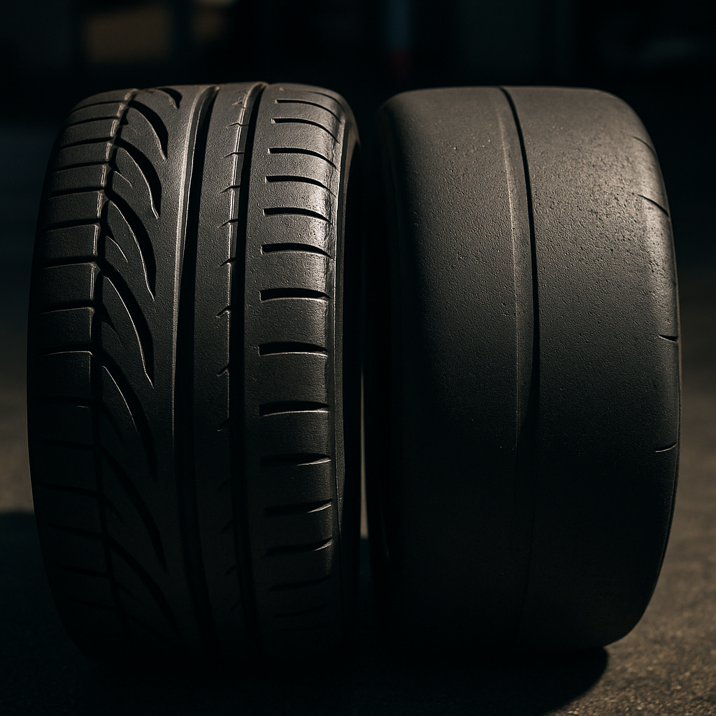 Close-up comparison of road tyre and semi-slick track day tyre UK 2026 showing compound differences