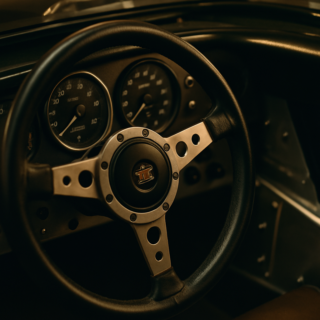 Interior cockpit detail of a classic British sports car showing analogue instrumentation