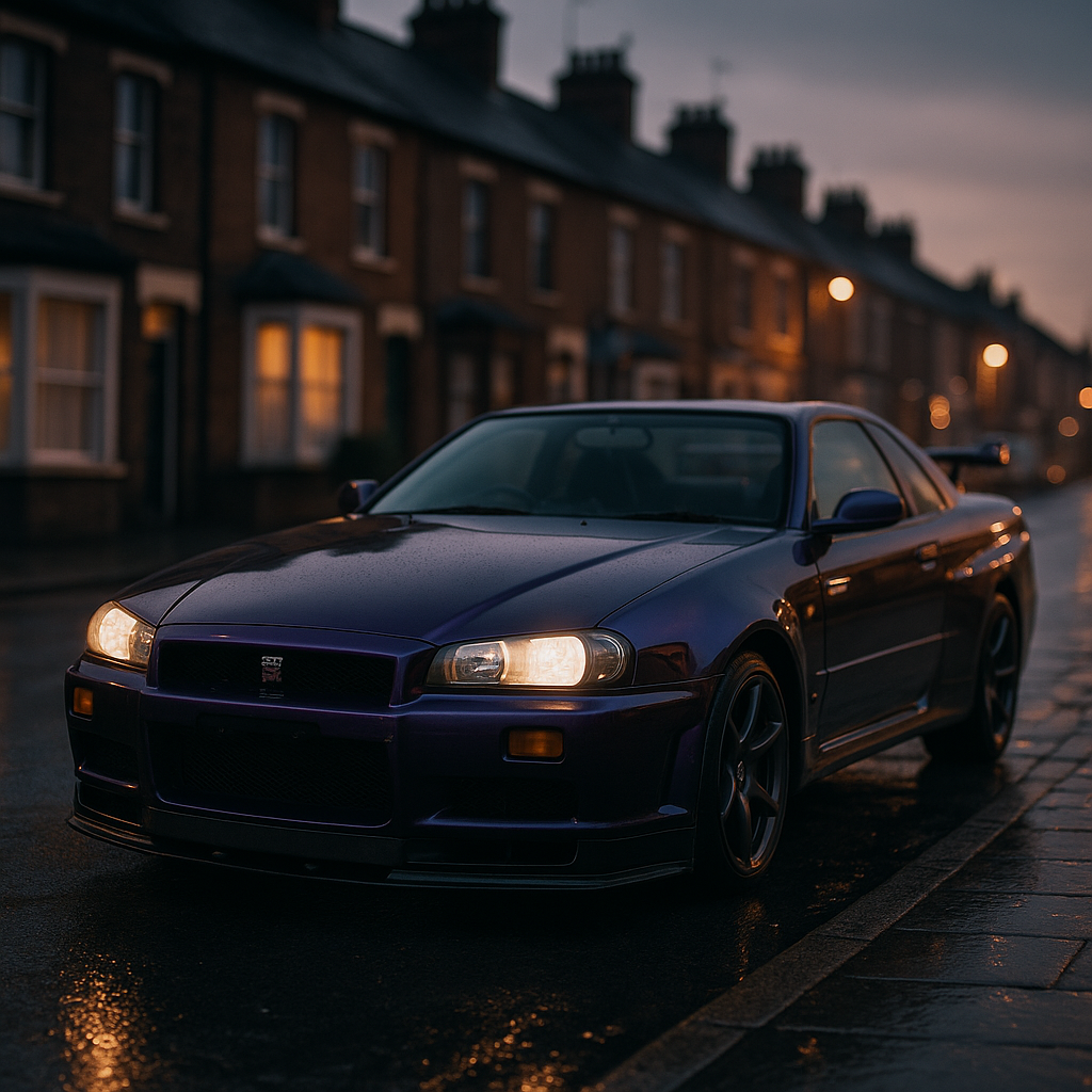 Nissan Skyline R34 GT-R on a British street representing JDM import UK 2026