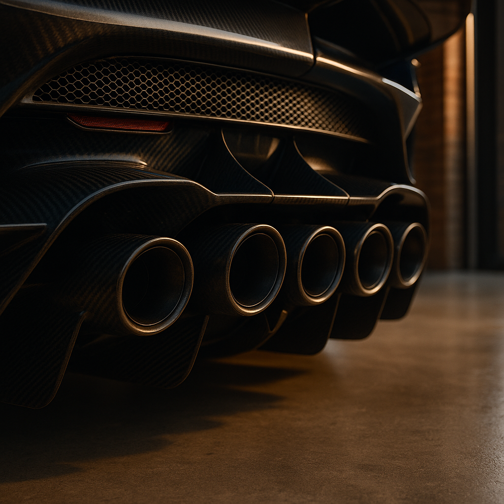 Detail shot of new hypercar 2026 rear diffuser and carbon fibre exhaust system
