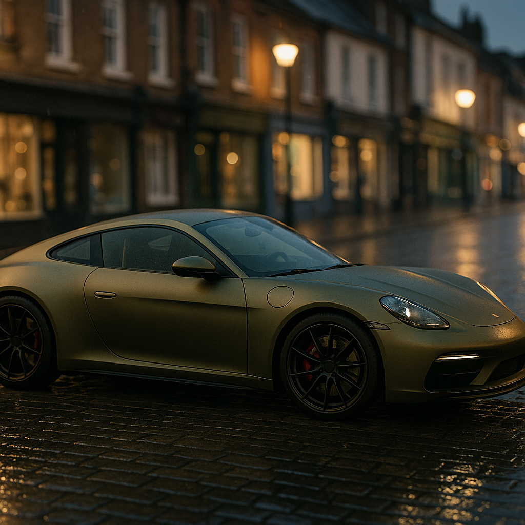 Matte olive sports car on a British high street representing car colour trends 2026