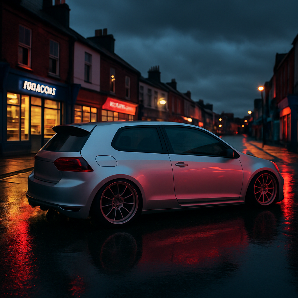 Modified hatchback on a wet British street illustrating legal car modifications UK 2026