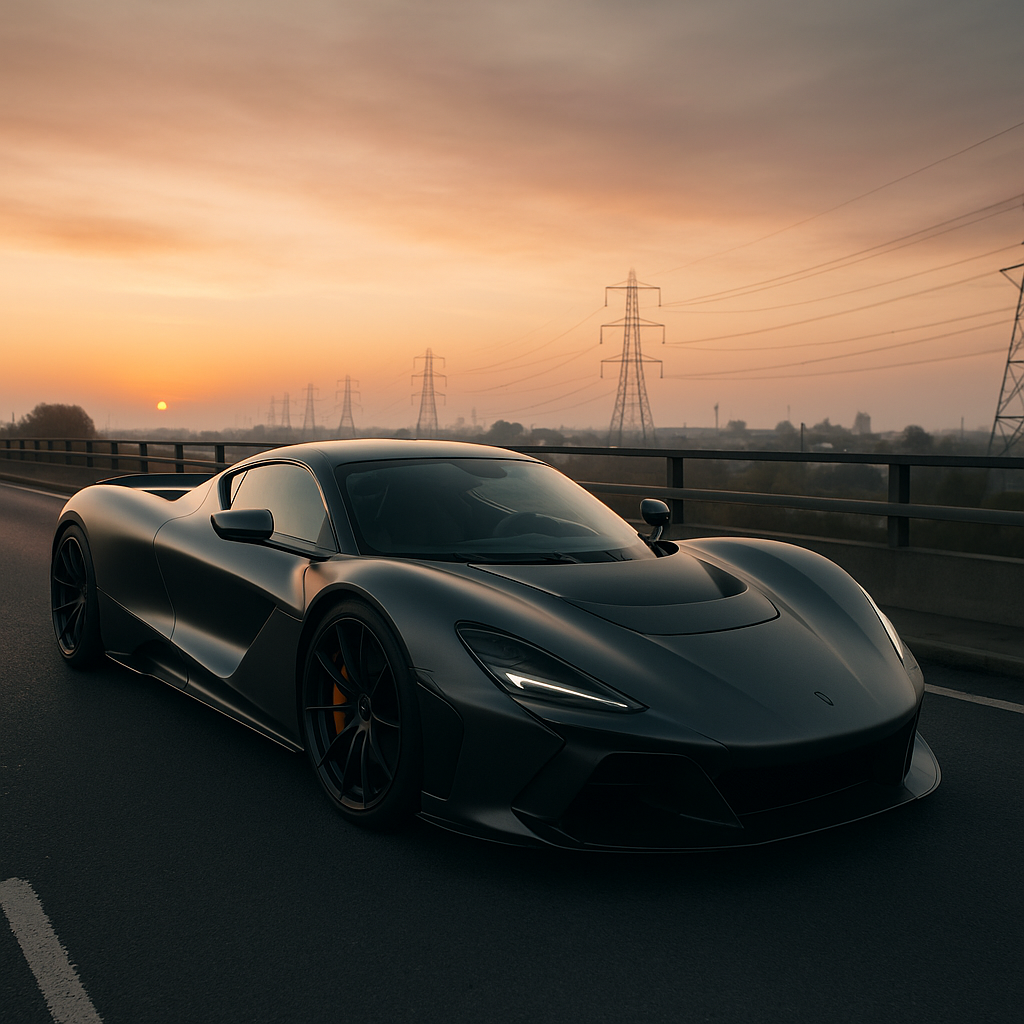 New hypercars 2026 showcased by a stunning modern hypercar on a British motorway bridge at sunrise