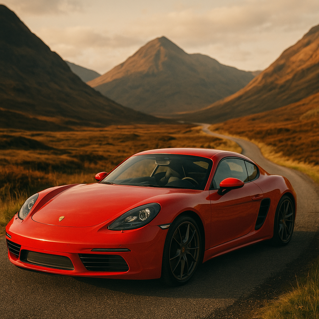 Porsche 718 Cayman on a Scottish highland road, one of the best sports cars under 30000 UK buyers can find