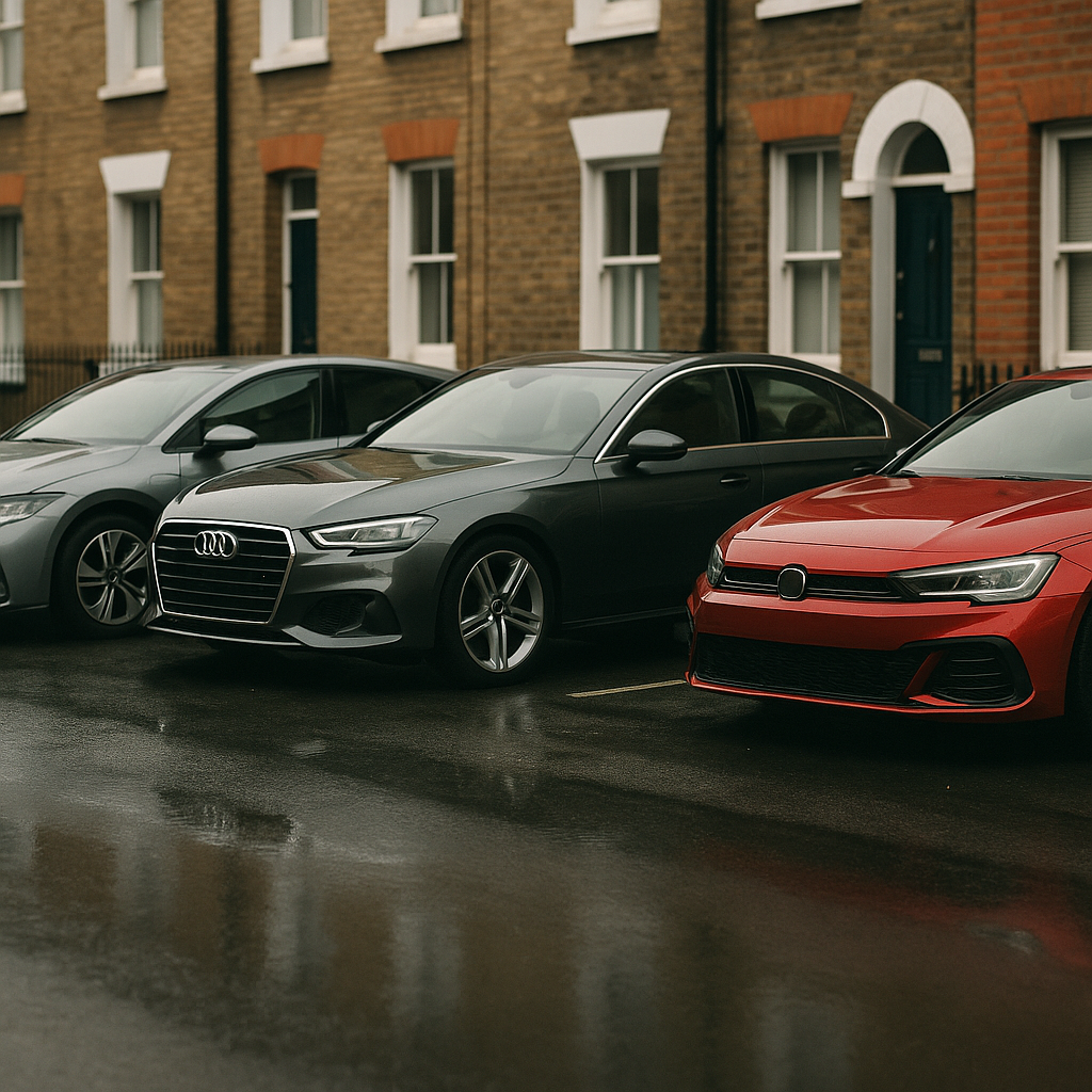 Three cars representing car subscription vs leasing UK 2026 parked on a British street