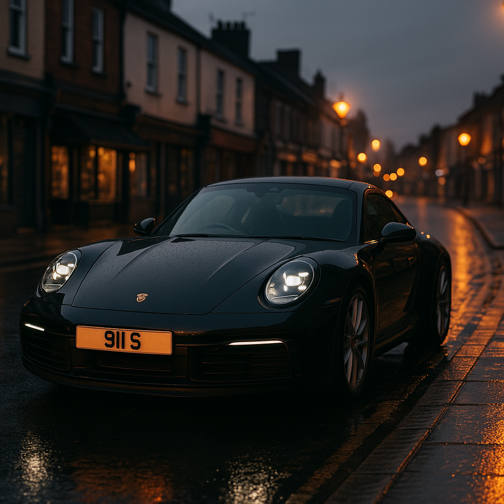 Black Porsche 911 with a dateless personalised number plate on a British high street, illustrating the DVLA personalised number plates investment UK market
