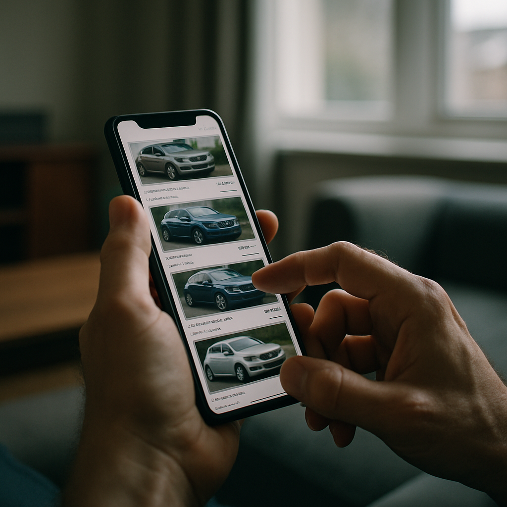 Buyer researching used car prices UK on a smartphone at home