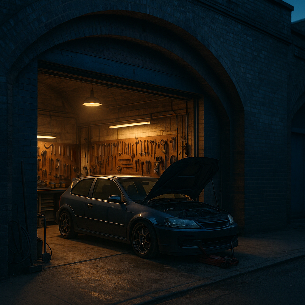 Car enthusiast renting garage workshop space UK inside a converted railway arch with a modified hatchback on axle stands