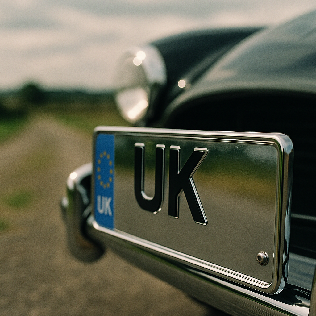 Close-up of a cherished UK number plate on a classic sports car, representing the DVLA personalised number plates investment UK scene