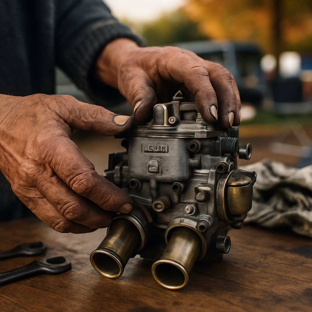 Close-up of performance car parts being inspected at a UK autojumble