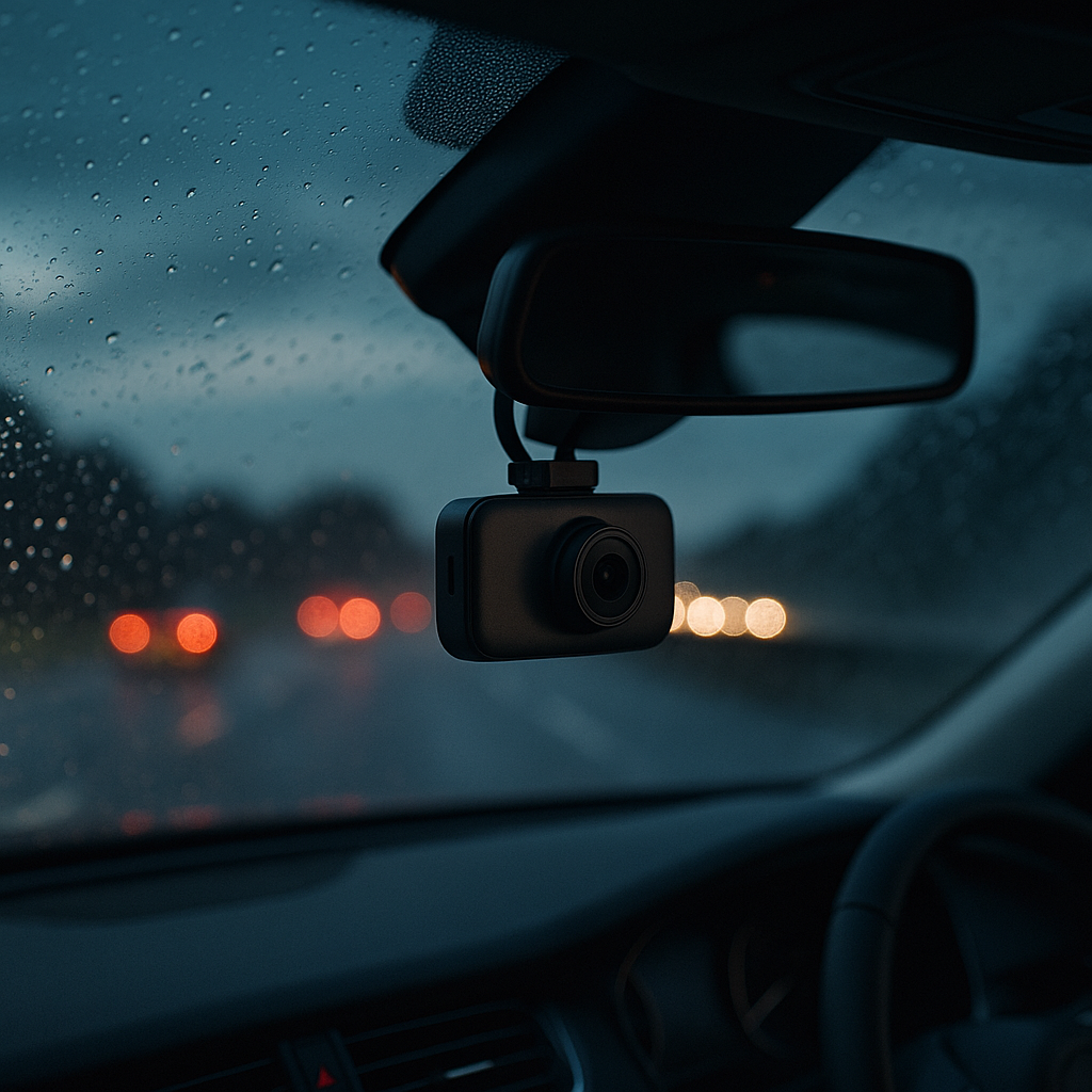 Dashcam mounted behind rear-view mirror on a UK motorway, relevant to dashcam laws UK 2026