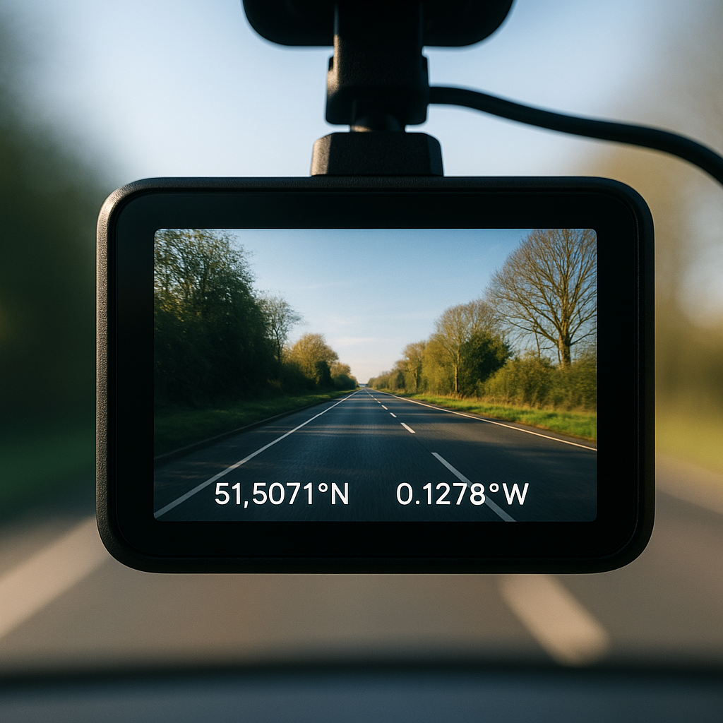 Dashcam screen showing GPS data and clear road footage, illustrating dashcam laws UK 2026 evidence requirements