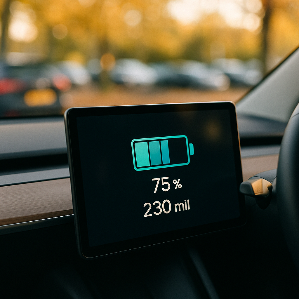 EV dashboard battery readout detail relevant to understanding used EV depreciation UK 2026