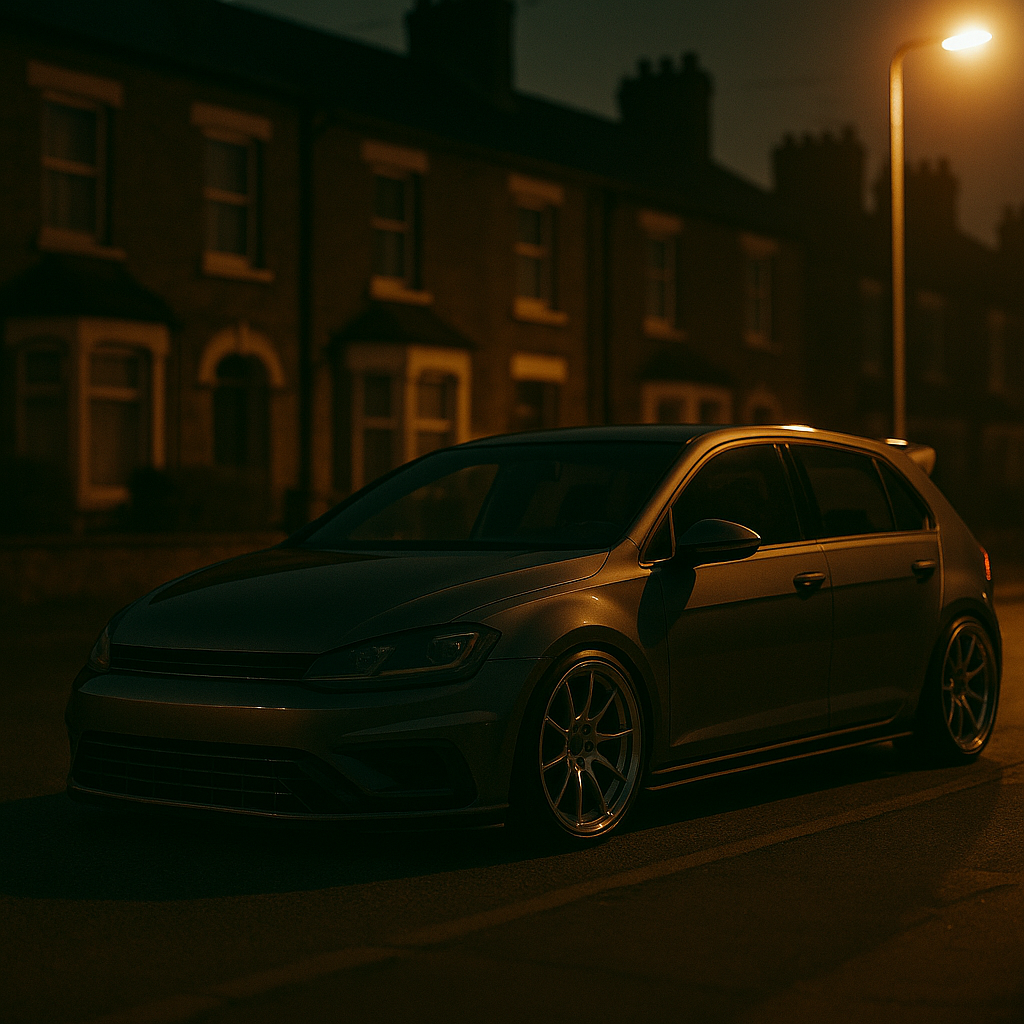 Modified performance car on a UK residential street at night illustrating car theft prevention UK 2026 risks