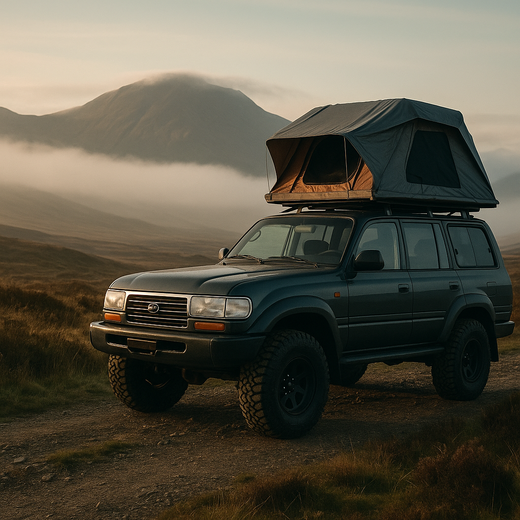 Modified Toyota Land Cruiser on a remote Scottish Highland track, representing overlanding UK 2026