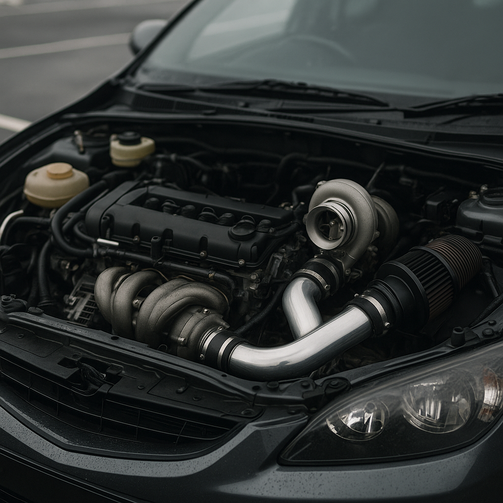 Modified turbocharged engine bay showing aftermarket induction kit relevant to engine modifications car insurance UK