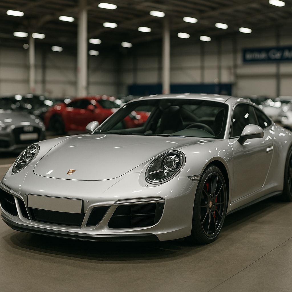 Porsche 911 on auction floor illustrating buying performance car at auction UK