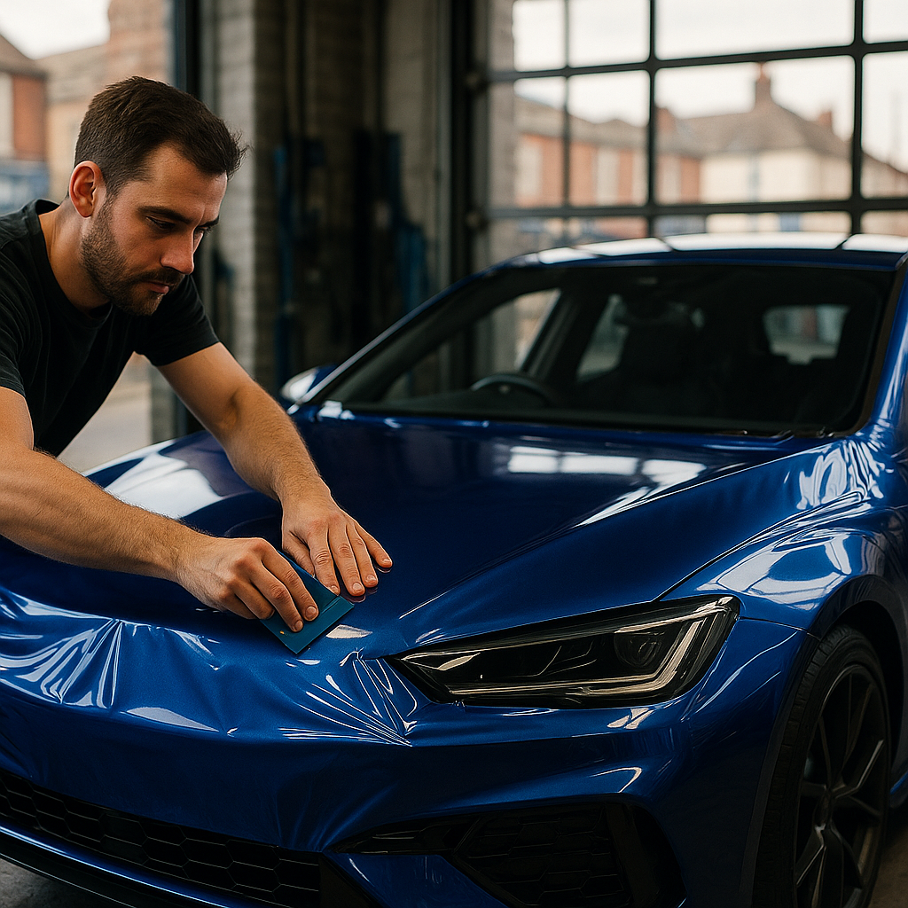 Professional vinyl wrap vs respray UK cost 2026, installer applying deep blue wrap to a hot hatch bonnet
