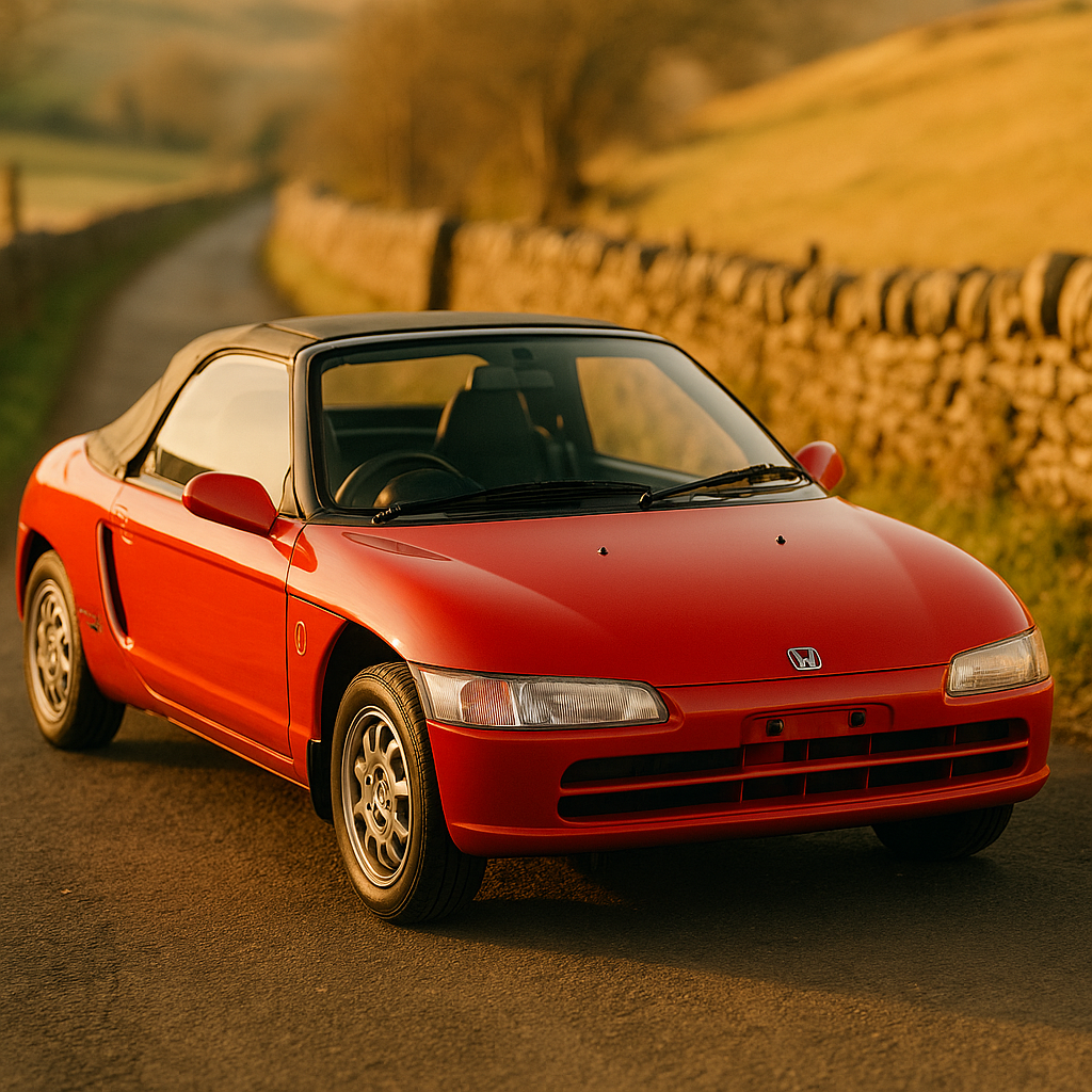 Red Honda Beat kei sports car on a UK country lane, a classic choice for importing kei sports car to UK