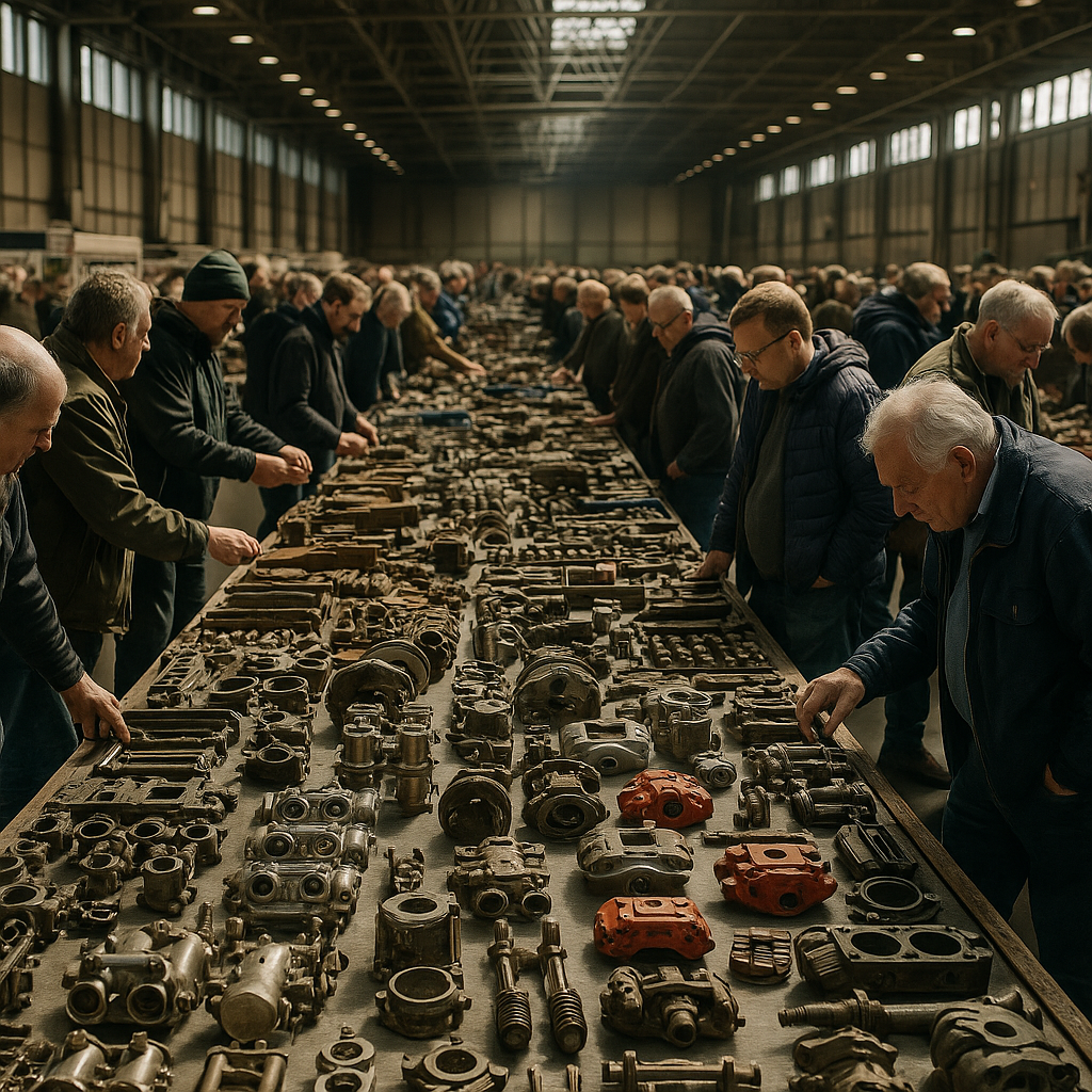 UK enthusiasts browsing performance car parts at an autojumble trade hall