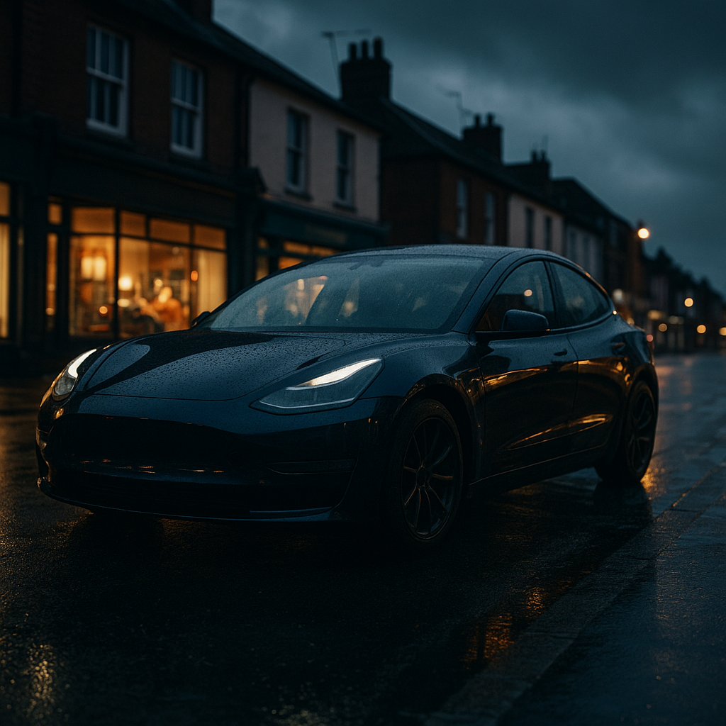 Used performance electric car on a British high street, illustrating used EV depreciation UK 2026